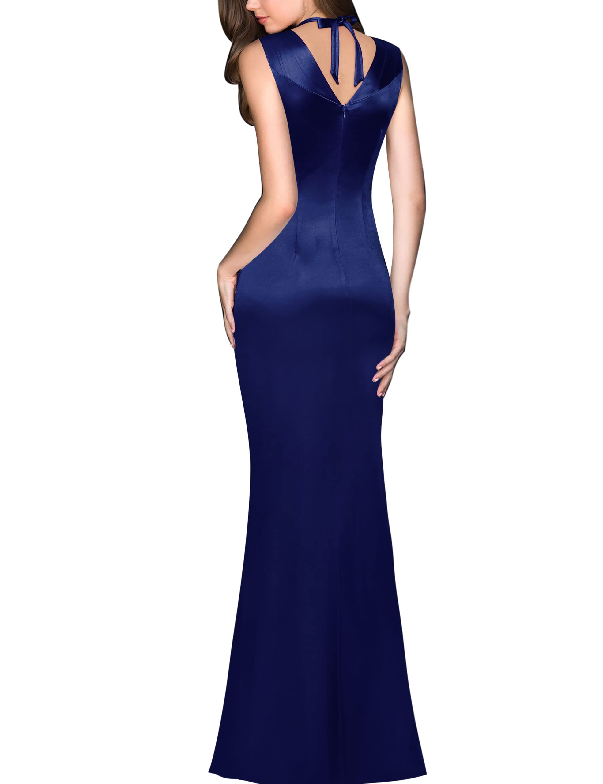 Dark Blue Womens V Halter Neck Zipper High Split Formal Prom Dress