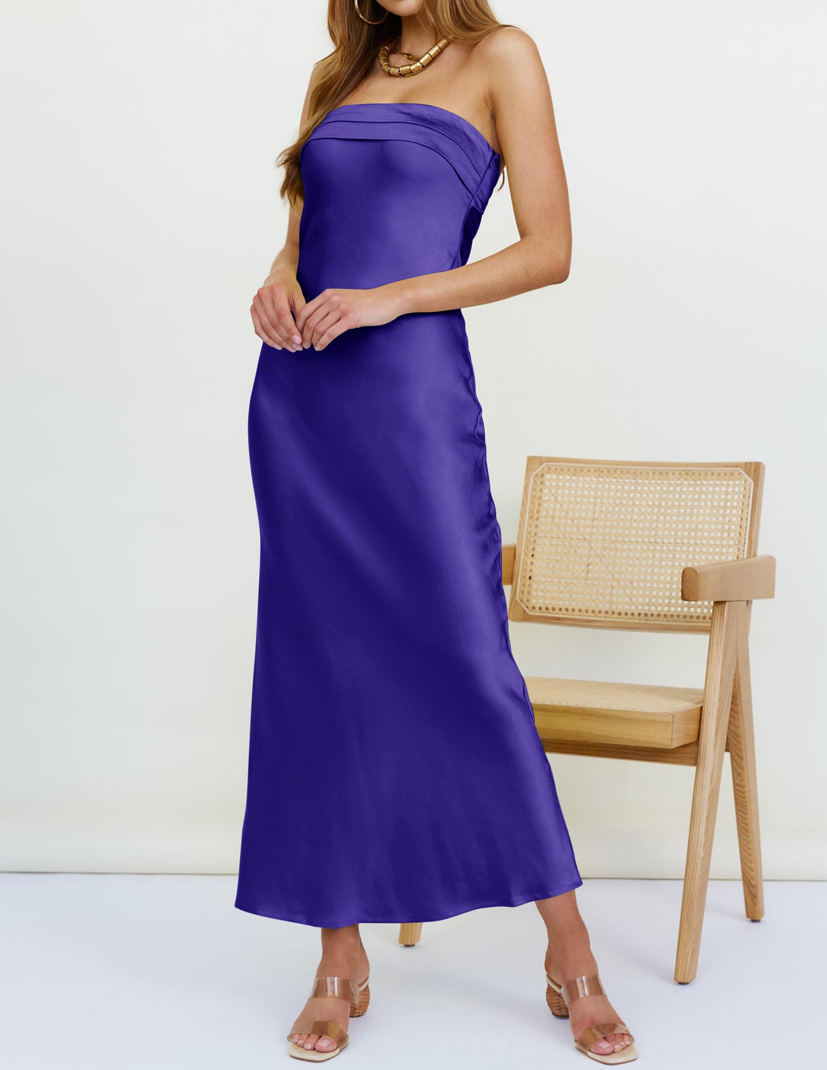 Navy Strapless Satin Tube Bodycon Backless Formal Prom Dress