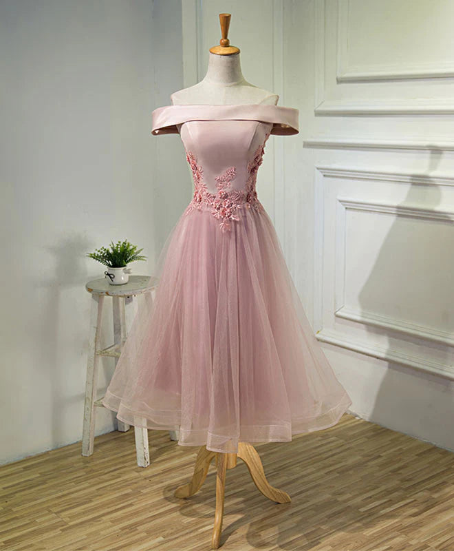 A Line Off Shoulder Tea Length Prom Dress