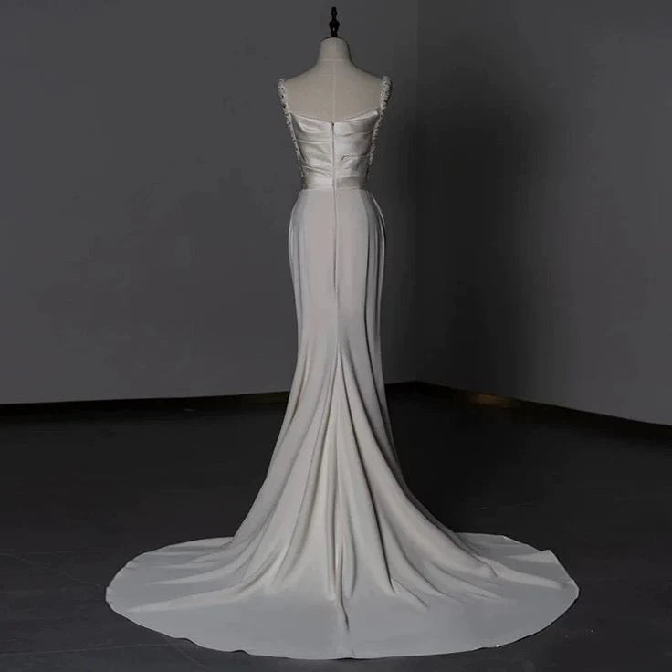 Sheath Long Satin White Wedding Dresses With Beads