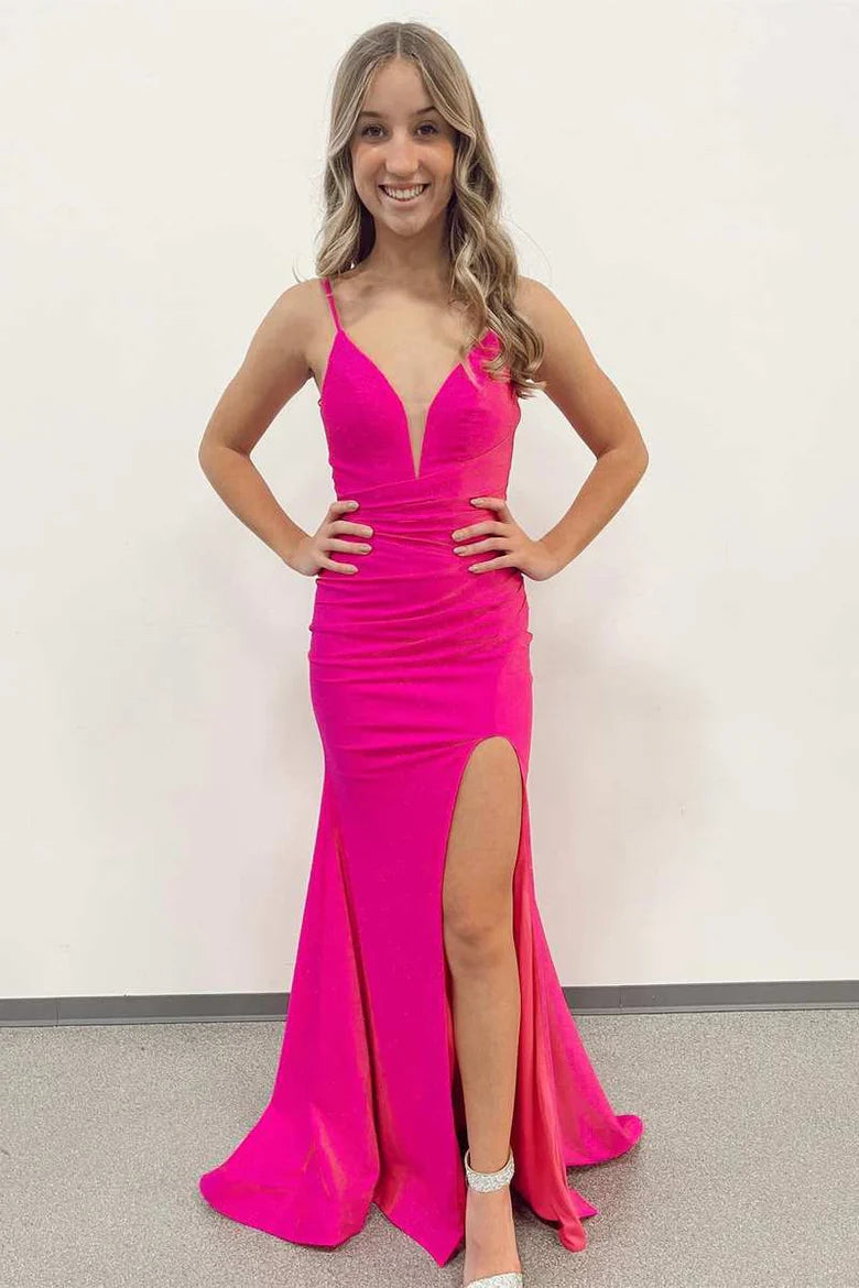 Plunge Neck Mermaid Long Prom Dress with Slit