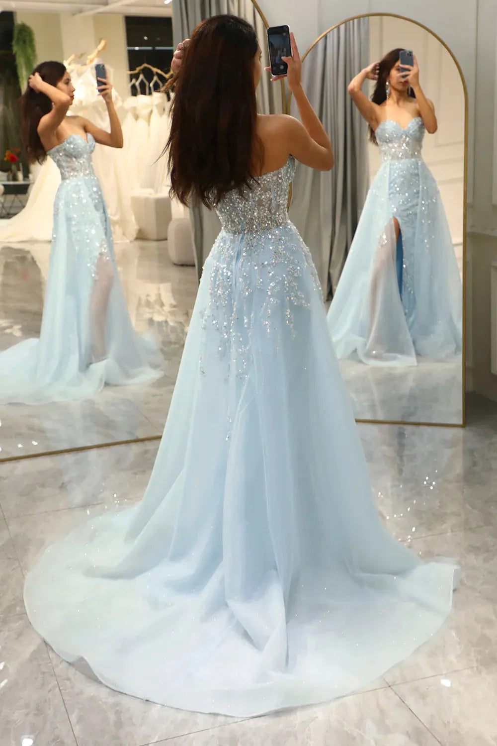 Light Blue Long Corset Prom Dress With Sweep Train