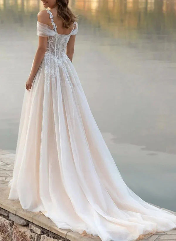 A-Line Off-The-Shoulder Tulle Wedding Dresses With Appliques Lace