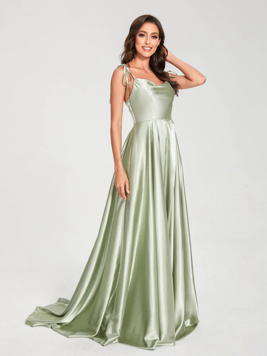 A-Line Spaghetti Straps Sleeveless Long Silk Like Satin Bridesmaid Dresses