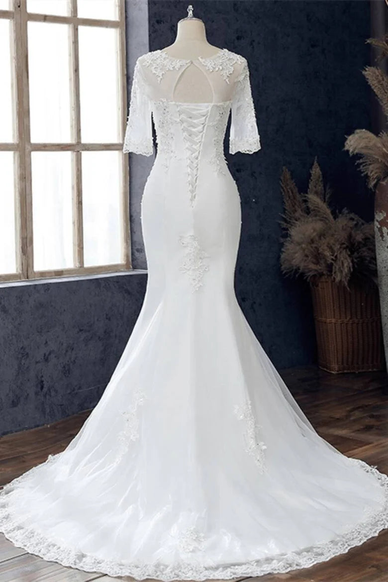 Jewel Half Sleeve Mermaid Wedding Dress