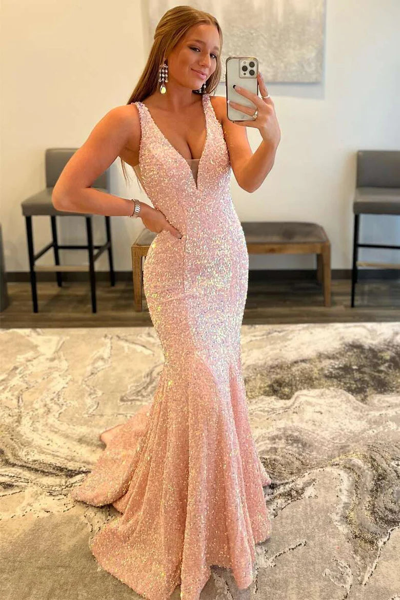 Pink Sequin Trumpet Long Formal Dress
