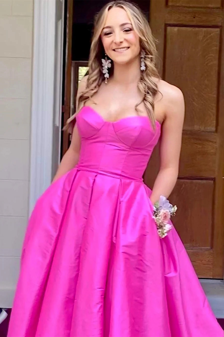 Fuchsia Strapless Satin Sweeping Long Prom Dress