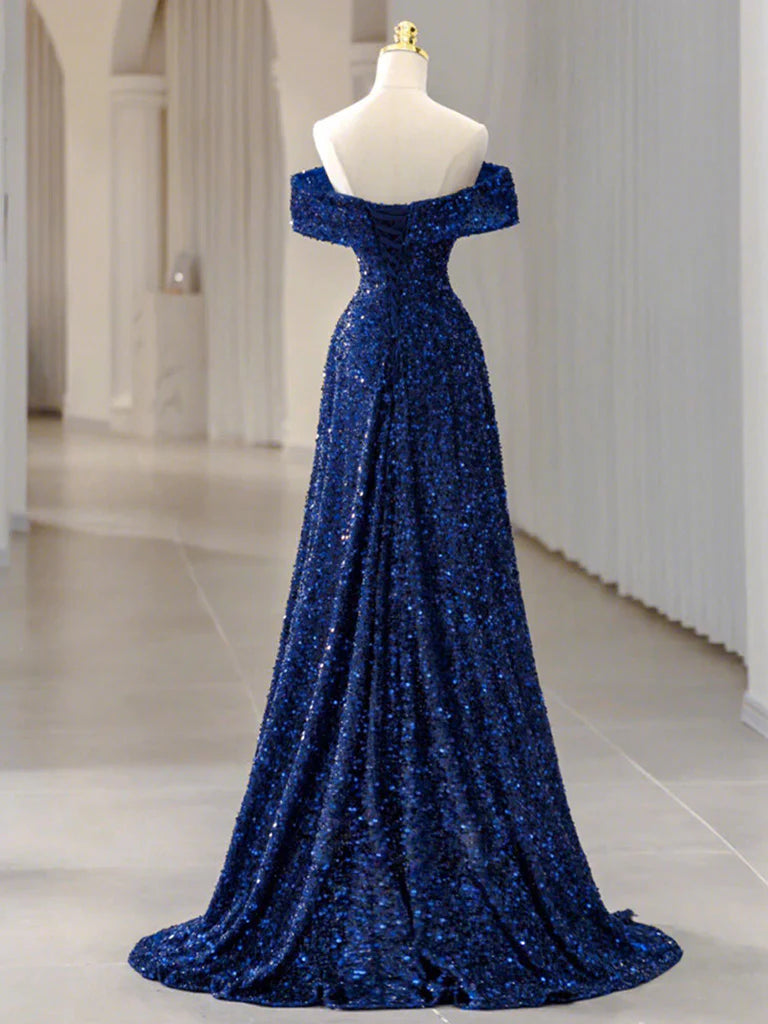Velvet Sequin Long Prom Dress Blue Formal Dress
