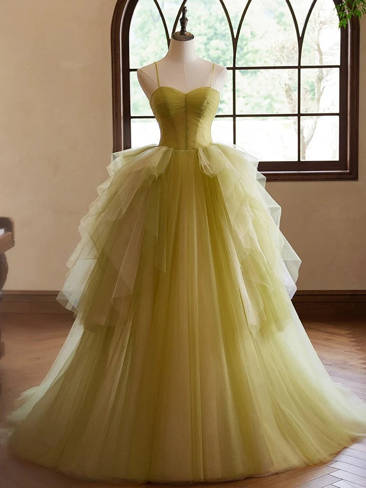 A-Line Sweetheart Neck Tulle Green Long Prom Dress
