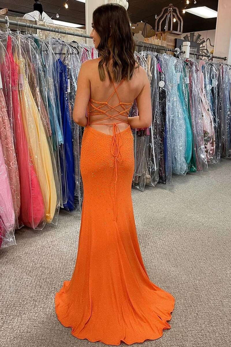 Beaded Lace-Up Back Long Formal Dress with Slit