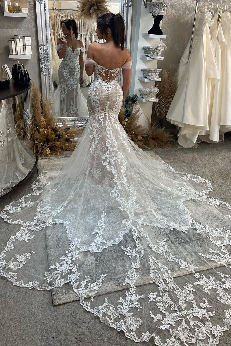 Mermaid Off the Shoulder Lace Wedding Dresses with Train