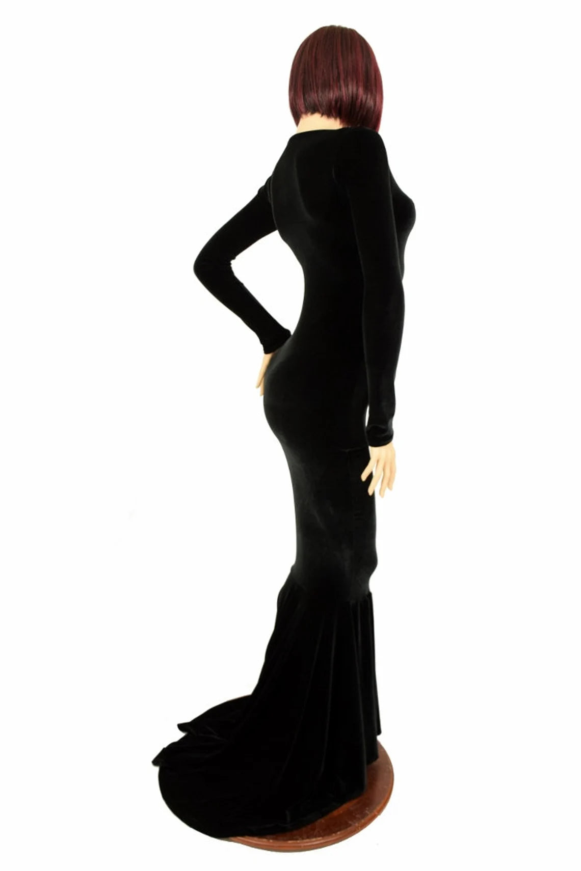 Bewitching Long Black Velvet Gown with Crew Neckline Long Sleeves and Puddle Train