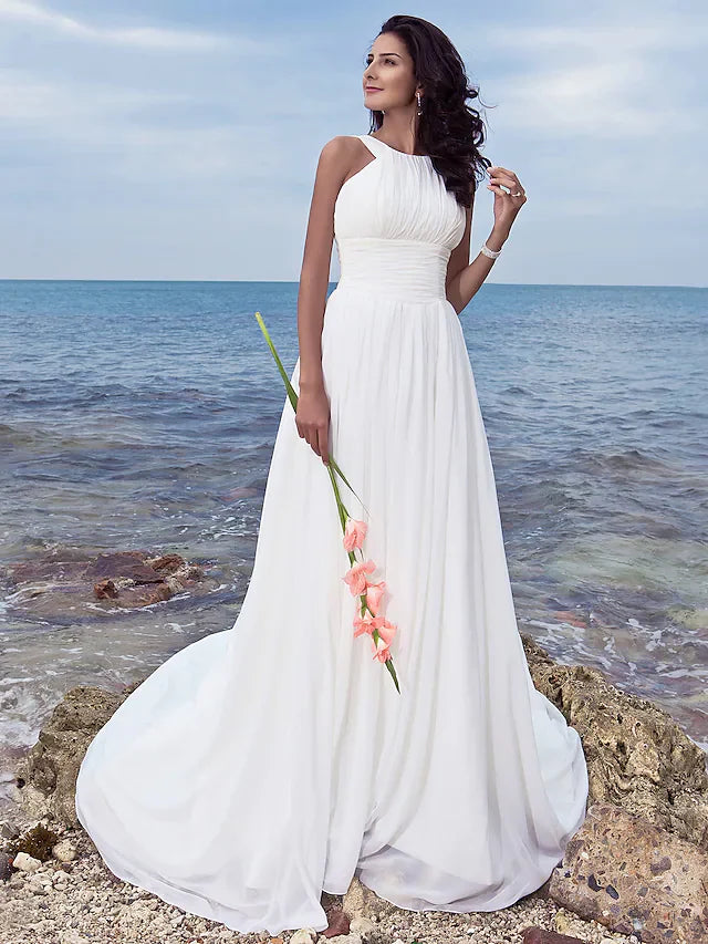 DingjiA-Line Wedding Dresses Jewel Neck Chiffon Regular Straps Formal Beach Plus Size with Ruched Draping