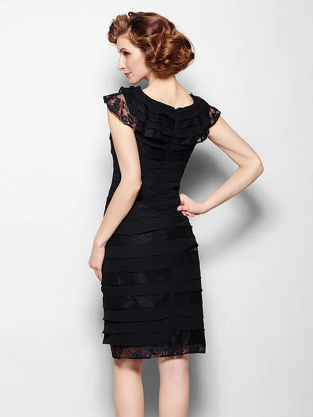 Mother of the Bride Dress Little Black Dress Scoop Neck Knee Length Chiffon Lace Sleeveless with Lace Pleats Ruffles