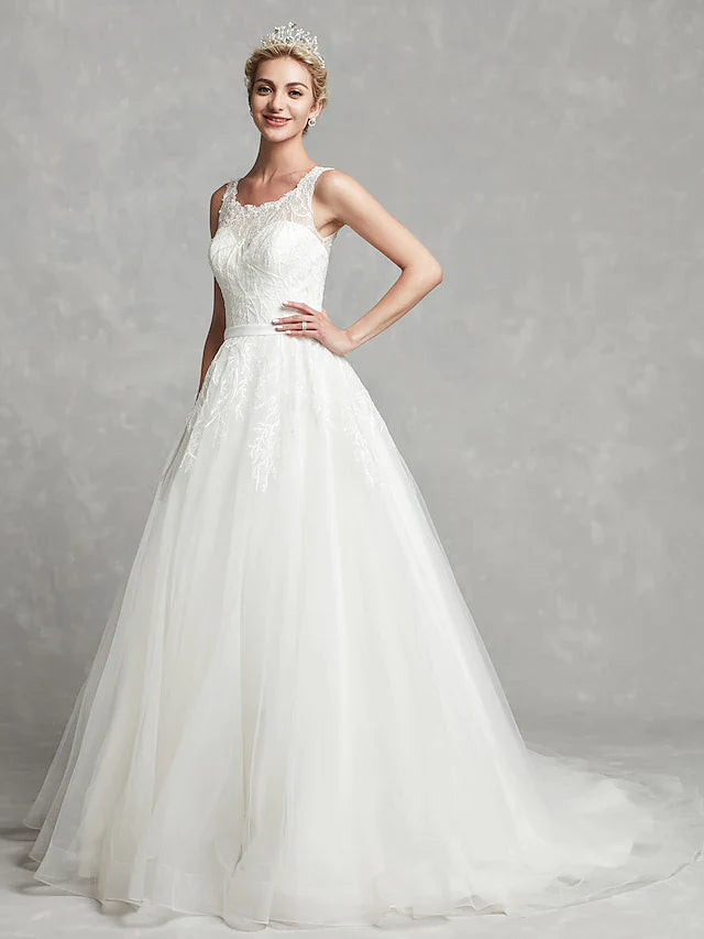 DingjiA-Line Wedding Dresses Scoop Neck Chapel Train Lace Tulle Regular Straps Formal Illusion Detail with Lace Sash Ribbon