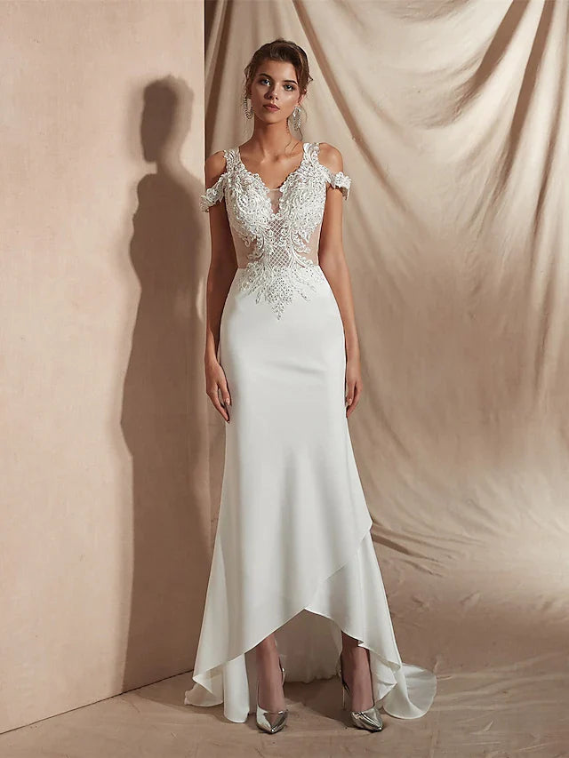 DingjiMermaid Trumpet Wedding Dresses V Neck Asymmetrical Matte Satin Short Sleeve Casual Sexy Illusion Detail Modern with Appliques