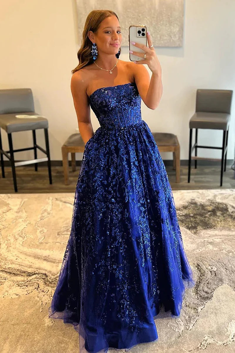 A-line Sequined Lace Long Prom Dress with