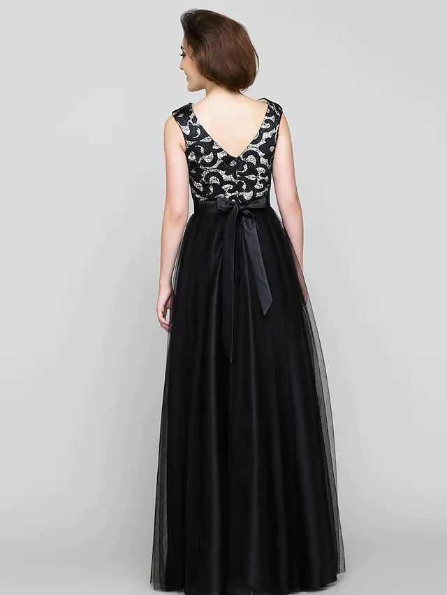A-Line Mother of the Bride Dress Vintage Inspired Scoop Neck Floor Length Tulle Sleeveless with Pattern Print