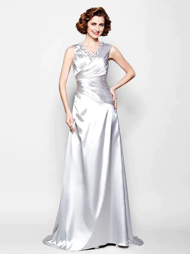 A-Line Mother of the Bride Dress V Neck Stretch Satin Sleeveless with Criss Cross Beading Side Draping