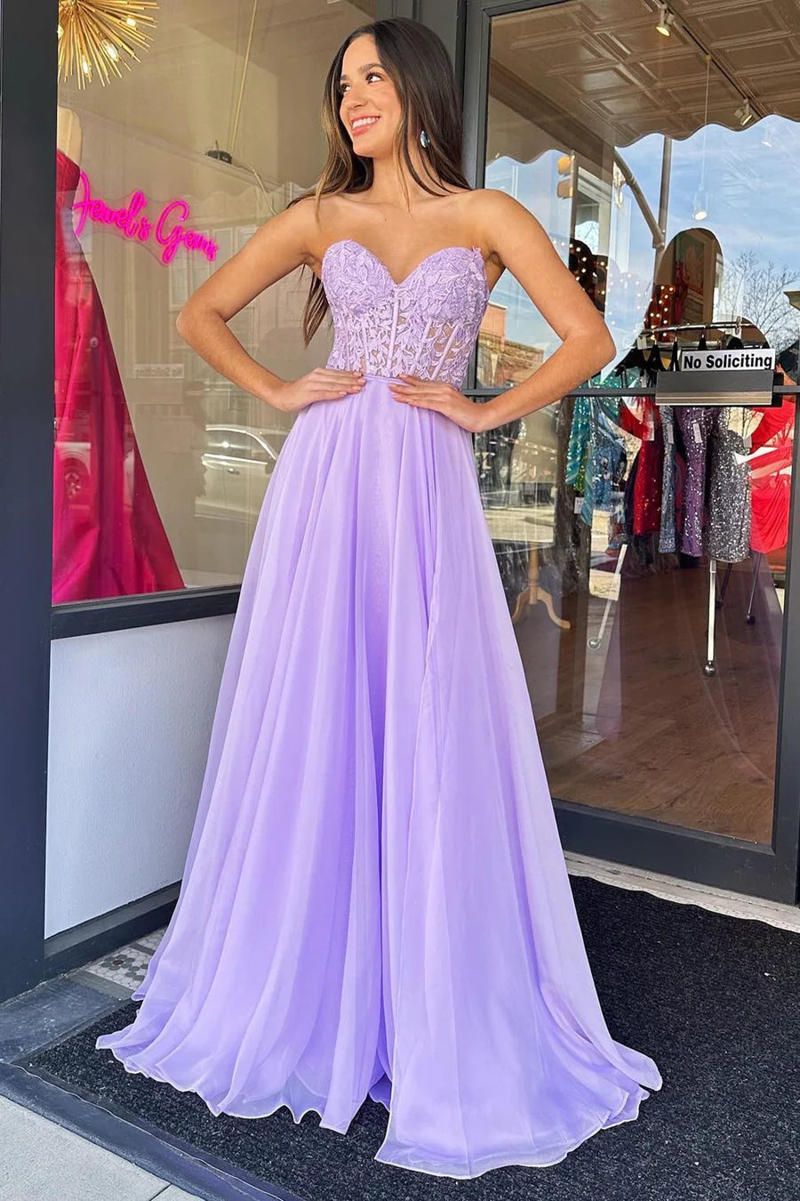 Chiffon Applique Sweetheart A-Line Prom Dress with Puff Sleeves