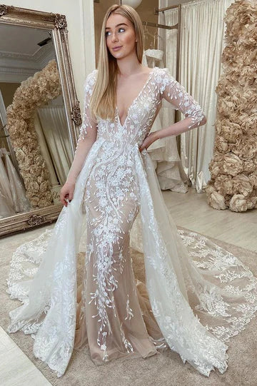Lace Backless Mermaid Wedding Dress with Attached Train
