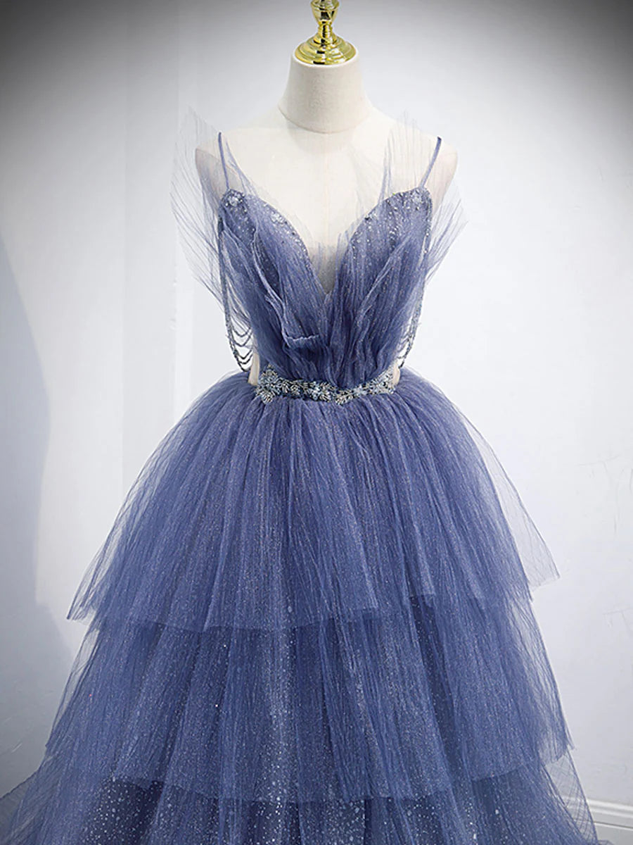 Blue v neck tulle sequin long prom dress