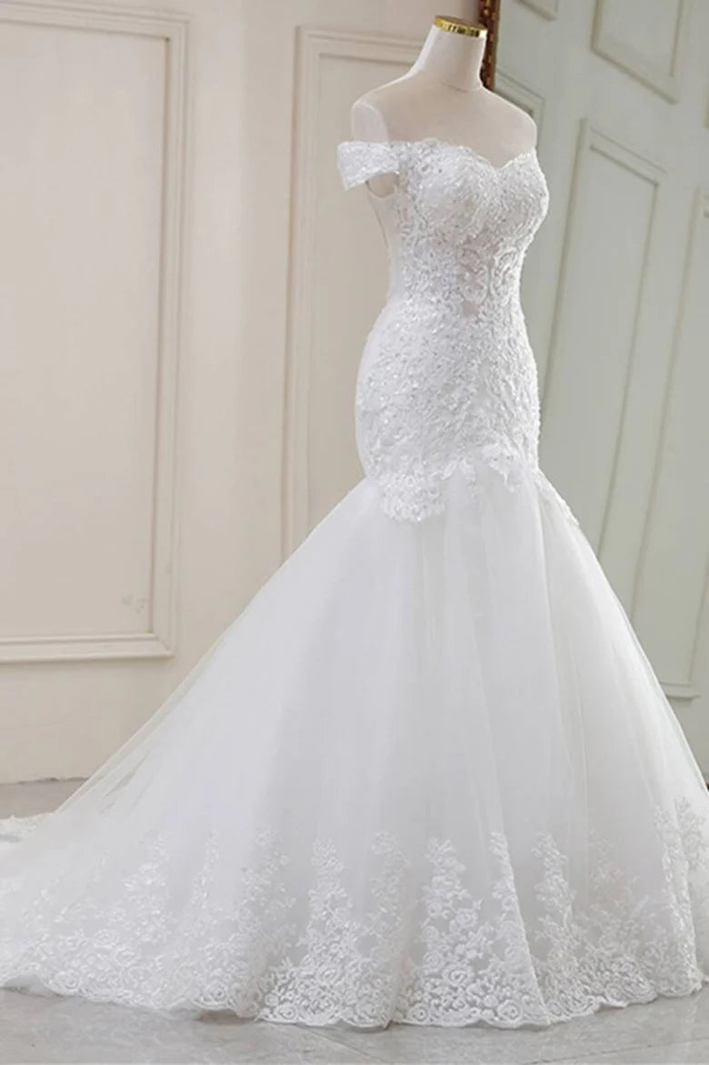 Lace Off-the-Shoulder Trumpet Long Wedding Dress