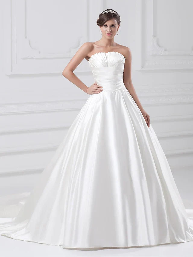 Dingji Ball Gown Wedding Dresses Strapless Court Train Satin Strapless Plus Size with Ruched Draping