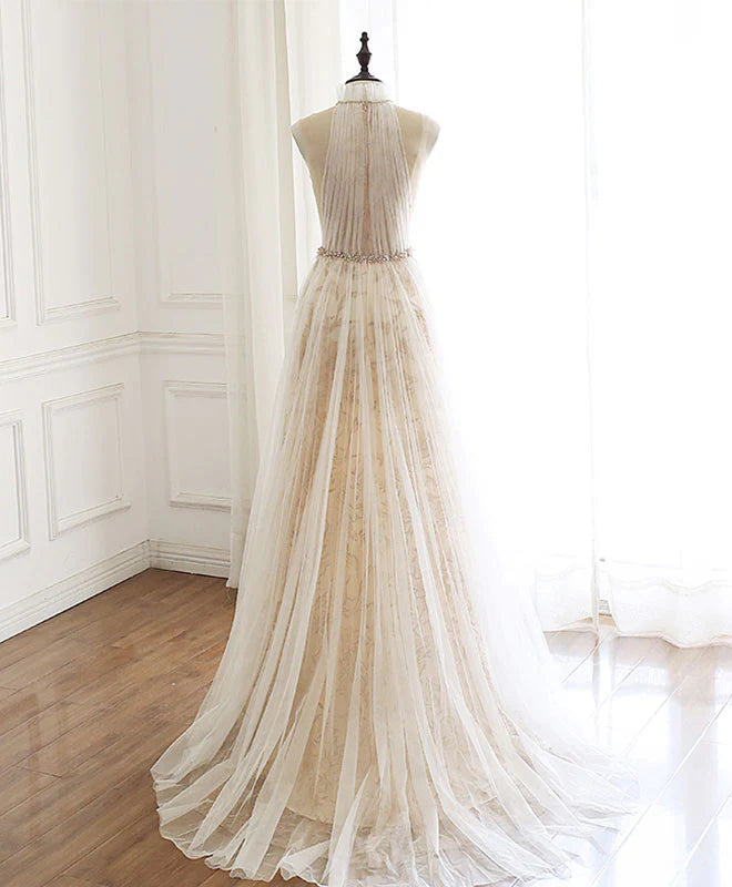 Tulle Lace Long Prom Dress Champagne Evening Dress