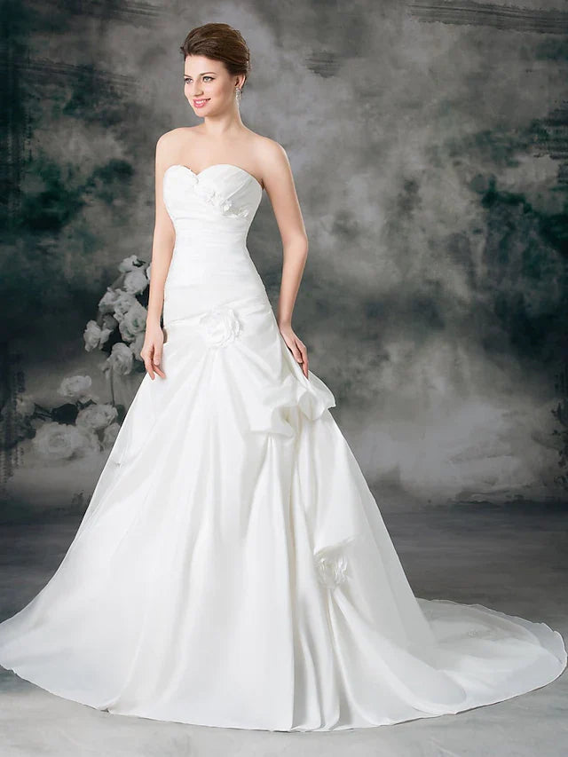 DingjiA-Line Wedding Dresses Sweetheart Neckline Court Train Satin Taffeta Strapless with Ruched Side-Draped