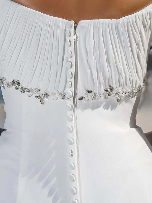 DingjiWedding Dresses Scoop Neck Chiffon Cap Sleeve Beach Plus Size with Beading Draping Button