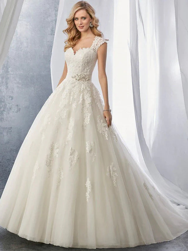 DingjiBall Gown Wedding Dresses Sweetheart Neckline Chapel Train Lace Tulle Regular Straps with Appliques