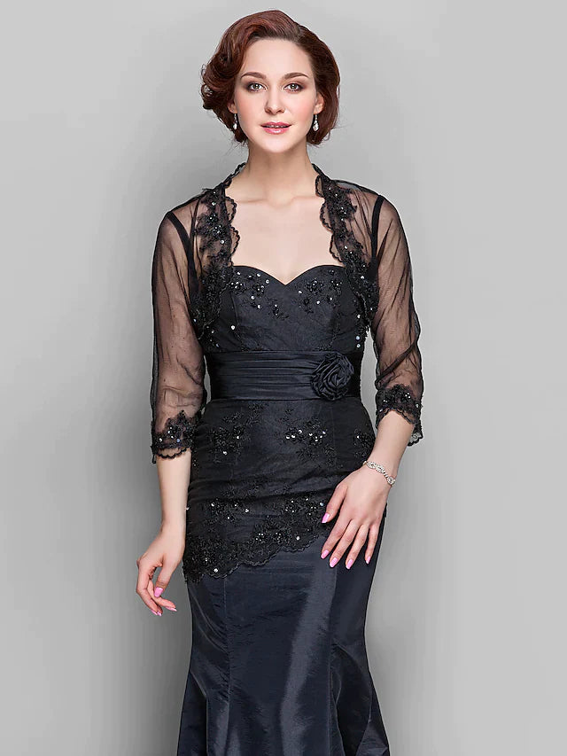 Mother of the Bride Dress Wrap Included Sweetheart Neckline Floor Length Taffeta Tulle Length Sleeve with Lace Ruched Beading