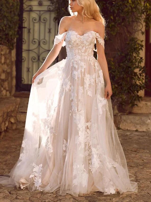 DingjiA-Line Wedding Dresses Sweetheart Neckline Court Train Lace Tulle Cap Sleeve Glamorous Backless with Appliques