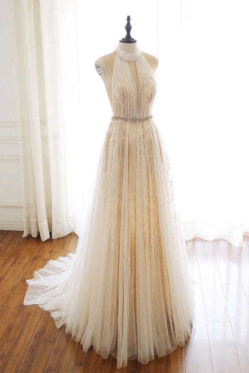 Light champagne tulle lace long prom dress formal dress