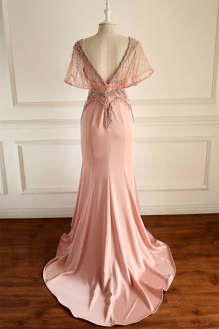 Unique pink beads chiffon long prom dress pink evening dress