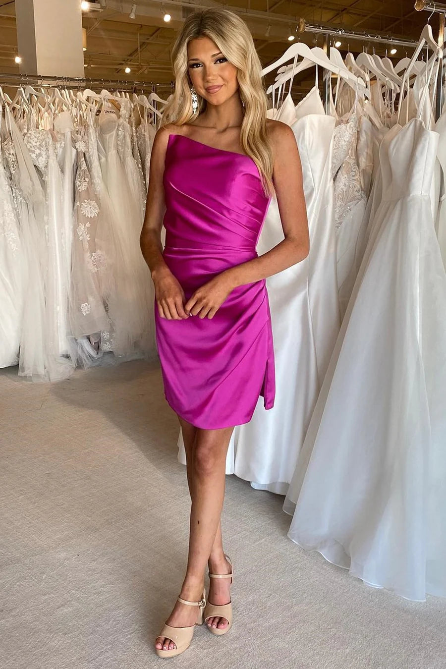 Strapless Ruched Short Party Dress with Slit