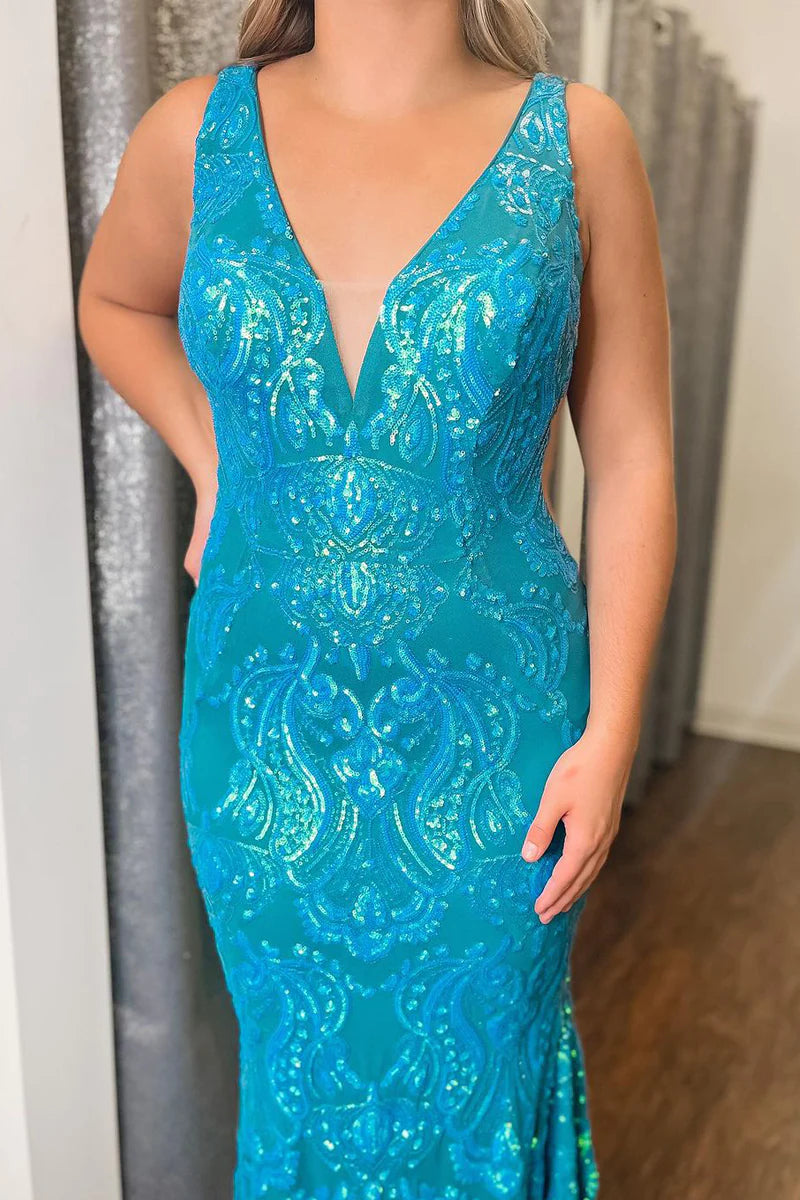 Mermaid V Neck Sequin Lace Long Prom Dresses