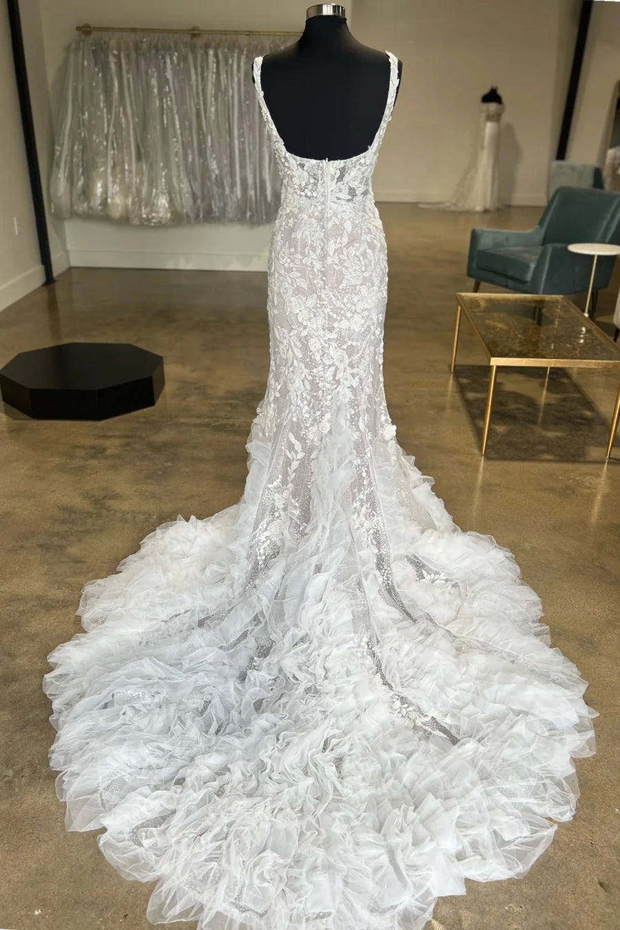 Floral Lace Square Neck Ruffles Long Wedding Gown