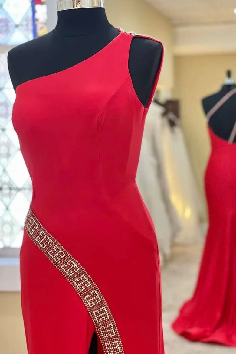 Satin Beaded One-Shoulder Backless Long Formal Dress