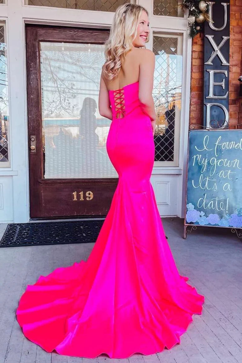 Satin Strapless Lace-Up Back Trumpet Long Formal Dress