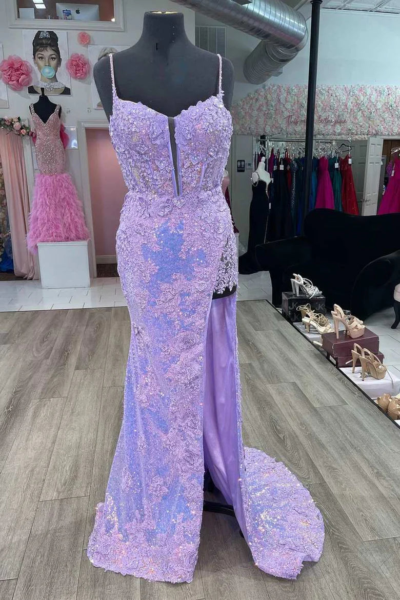 Sequin Split Neck Long Prom Dress with Slit