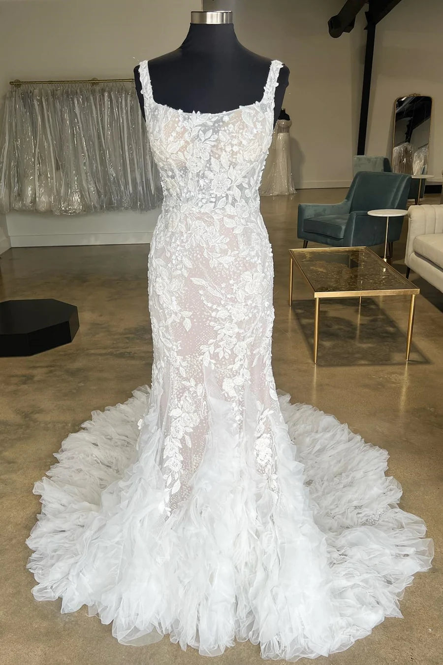 Floral Lace Square Neck Ruffles Long Wedding Gown