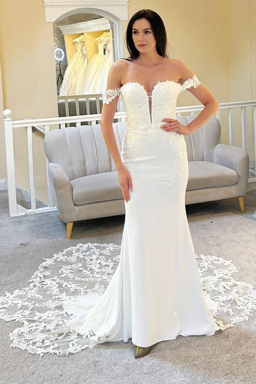 Off-the-Shoulder Scalloped Lace Mermaid Long Wedding Dress