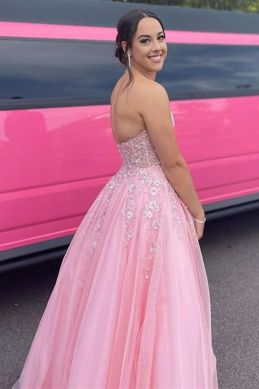 Floral Lace Strapless A-Line Prom Dress