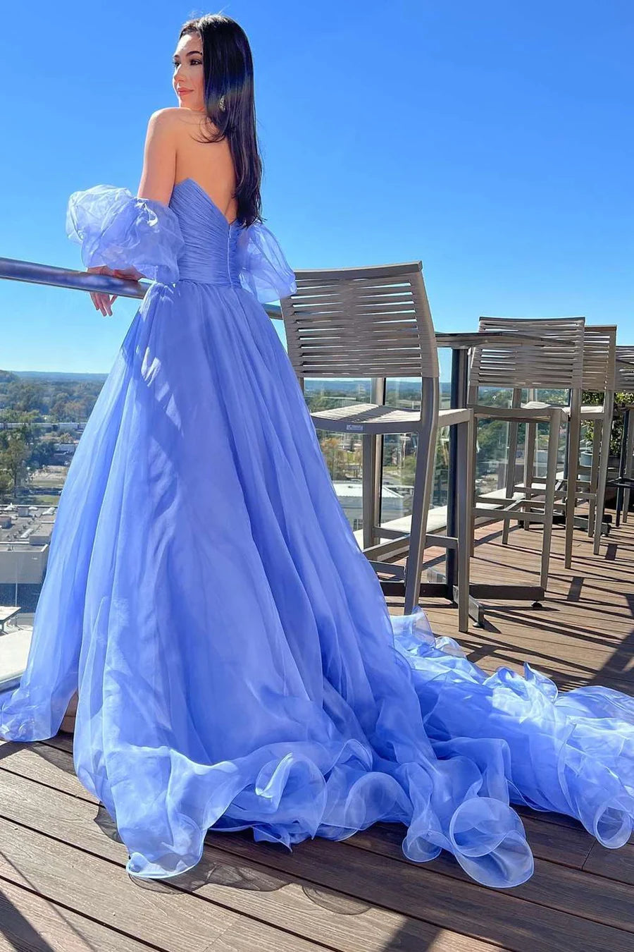 Strapless A-Line Prom Dress with Puff Sleeves