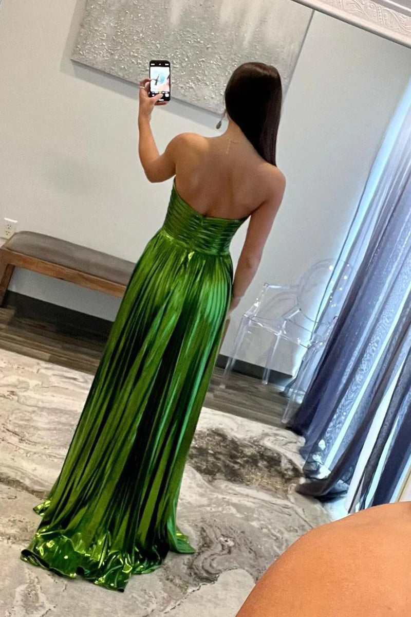 Green Strapless Pleated A-Line Long Prom Dresses