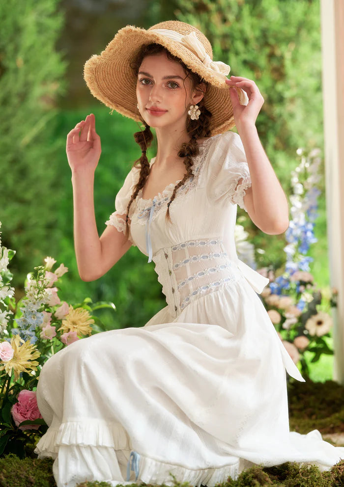 White Cotton Midi Dresses with Square Neck Lace Trim Puff Sleeves Blue Ribbon Accents Lace Corset Waist and Tiered Ruffle Hem