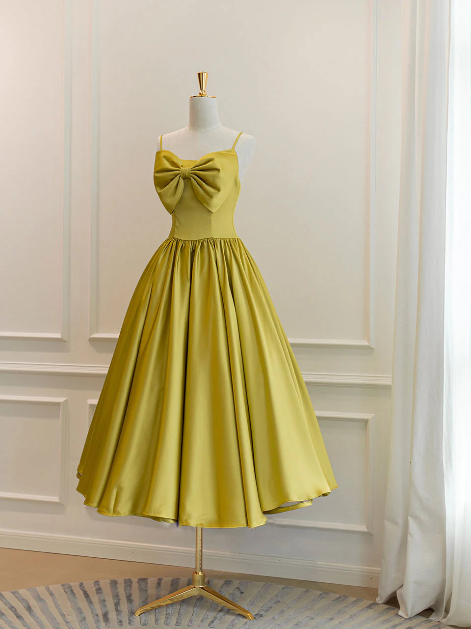 Yellow Satin Tea Length Prom Dress Yellow Homecoming Dress