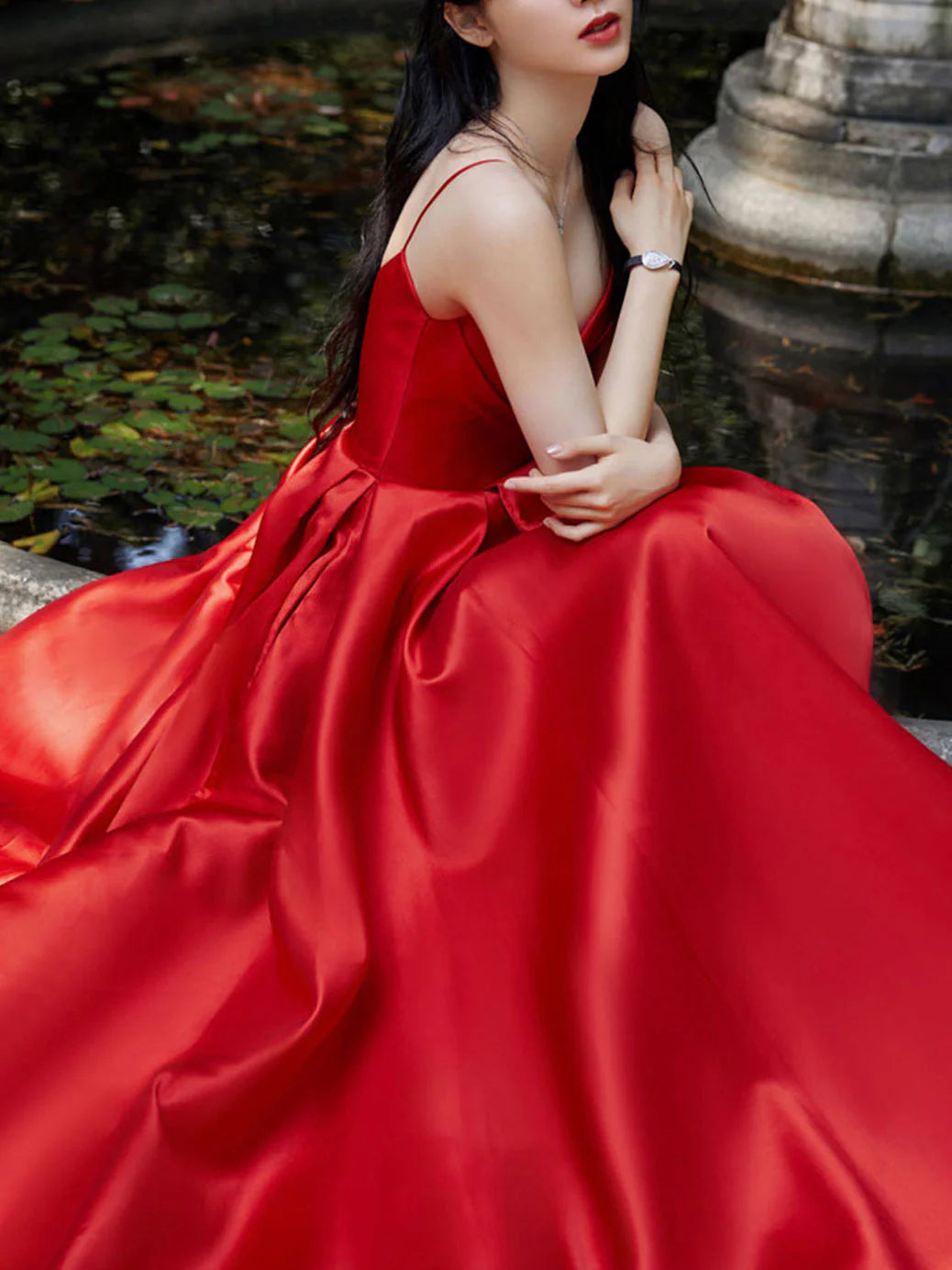V Neck Satin Long Prom Dress Red Formal Graduation Dresses